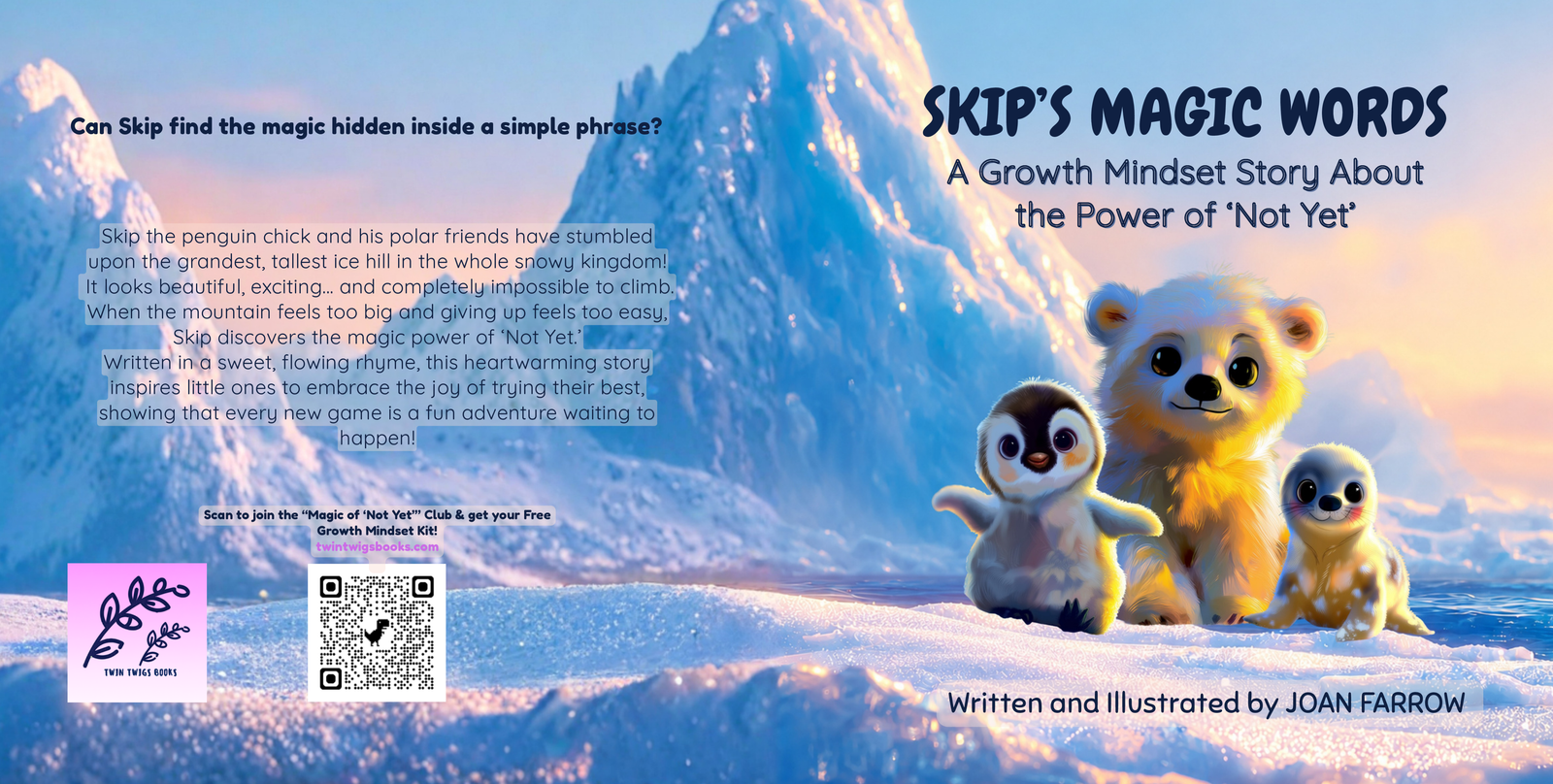Front and back cover illustration for a growth mindset children's story — SKIP'S MAGIC WORDS by Twin Twigs Books